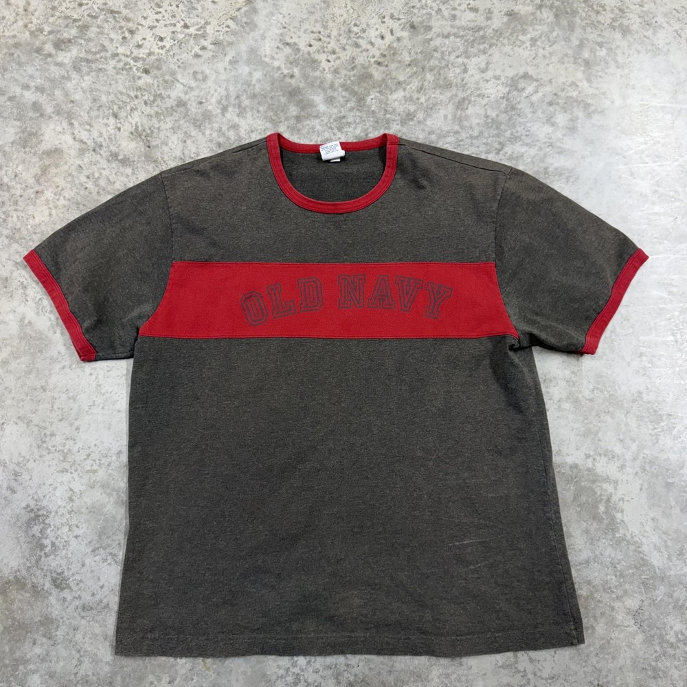 Old Navy Shirt Mens XL Gray Red Ringer Logo Graphic Tee Y2K Style Colorblock
