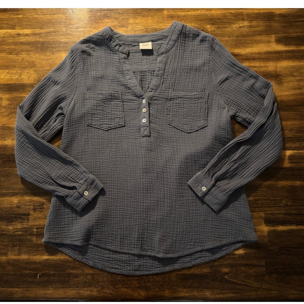 Mote Women’s Large Blouse 100% Cotton Gauze Top Henley V Neck Pullover Shirt
