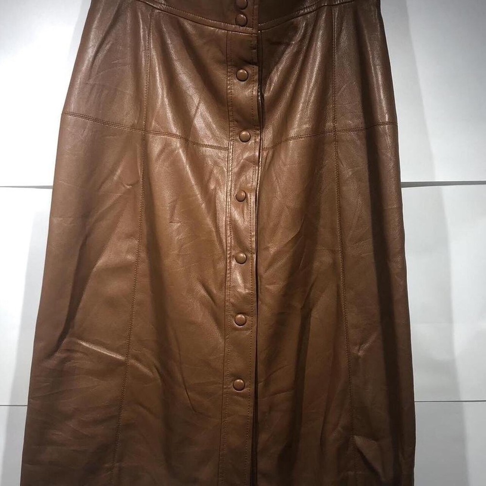 Elie Tahari Faux Leather Button Front Skirt Women's 10 Camel Brown The RealReal