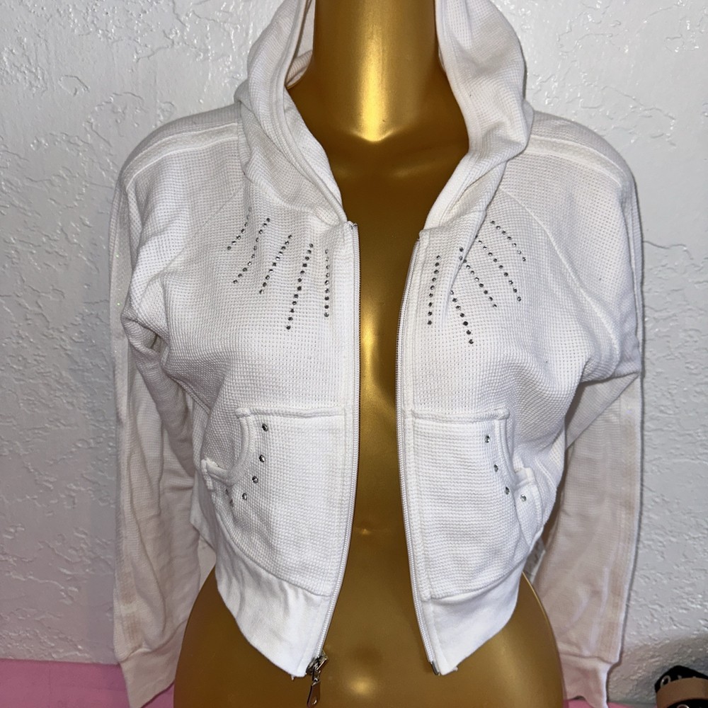 Y2K style white Rhinestone full zip hoodie size small