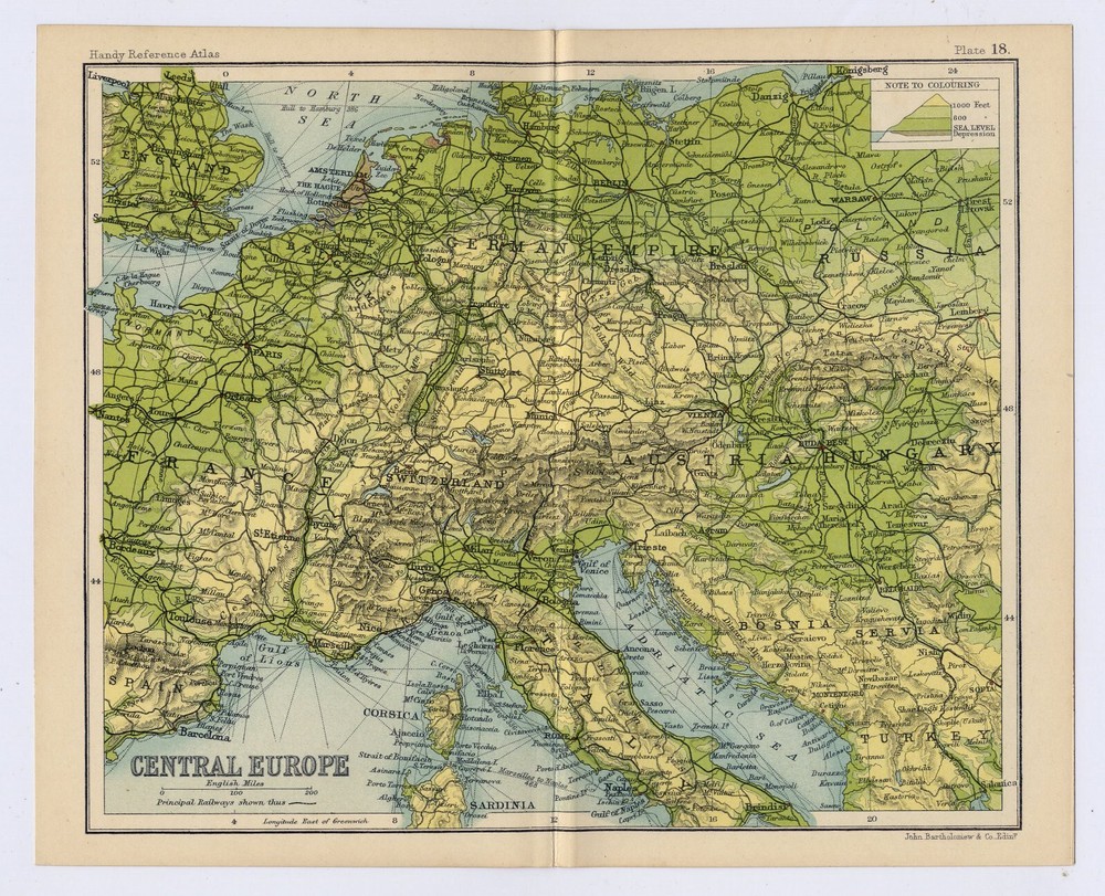 1912 Antique Map Of Central Europe Germany Austria Hungary Verso Malta Valletta