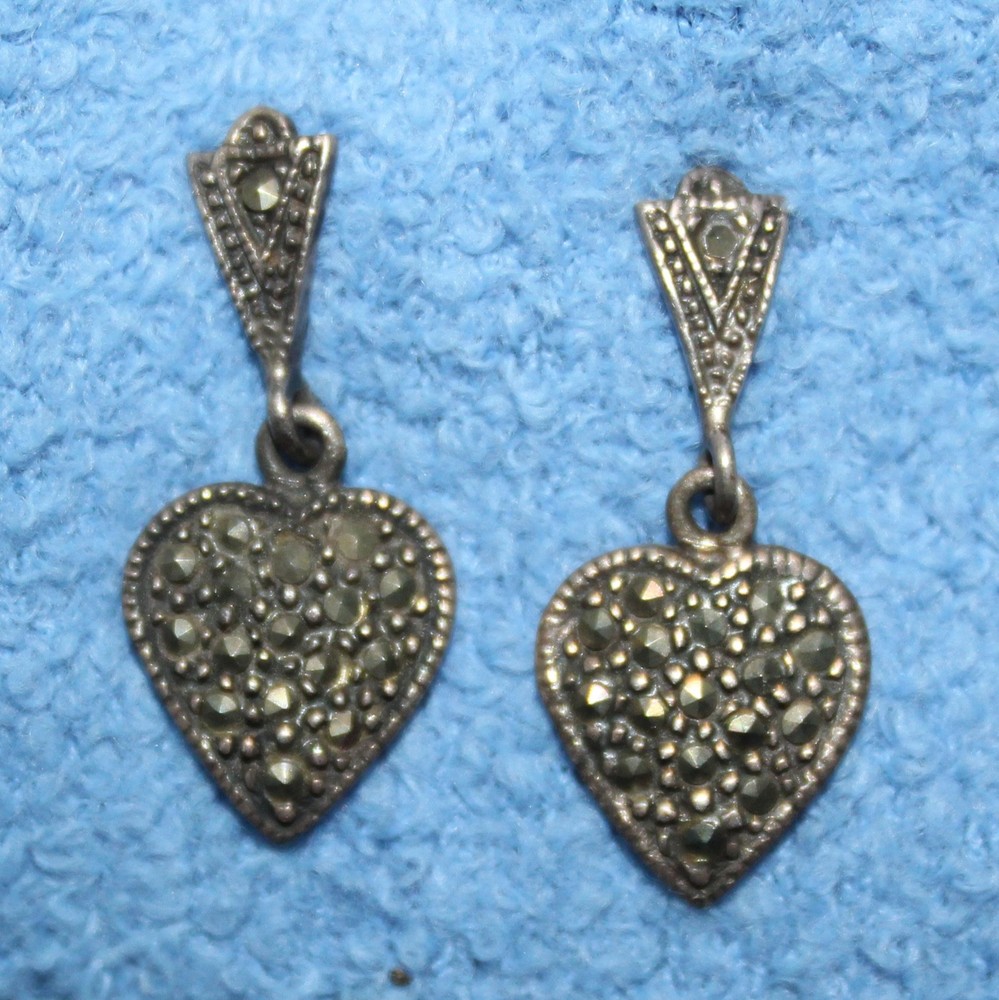 Vintage Sterling Silver & Marcasite Heart Dangle Pierced Earrings