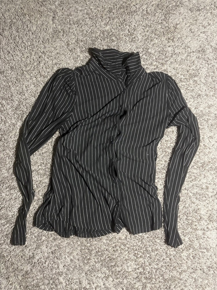 Womens Black Pinstripe Blouse Mock Neck Button Front Fitted Long Sleeve Top