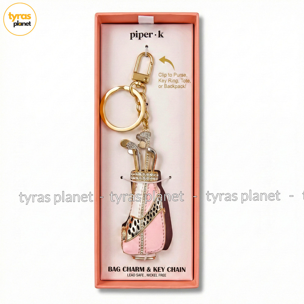 Piper K Golf Bag Charm Keychain - Gold Tone, Pink Crystals, New in Box