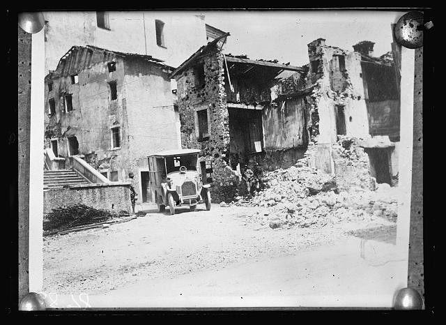 Photo:Shelled Town 1918 A.R.C. Ambulance WWI Ruined Buildings