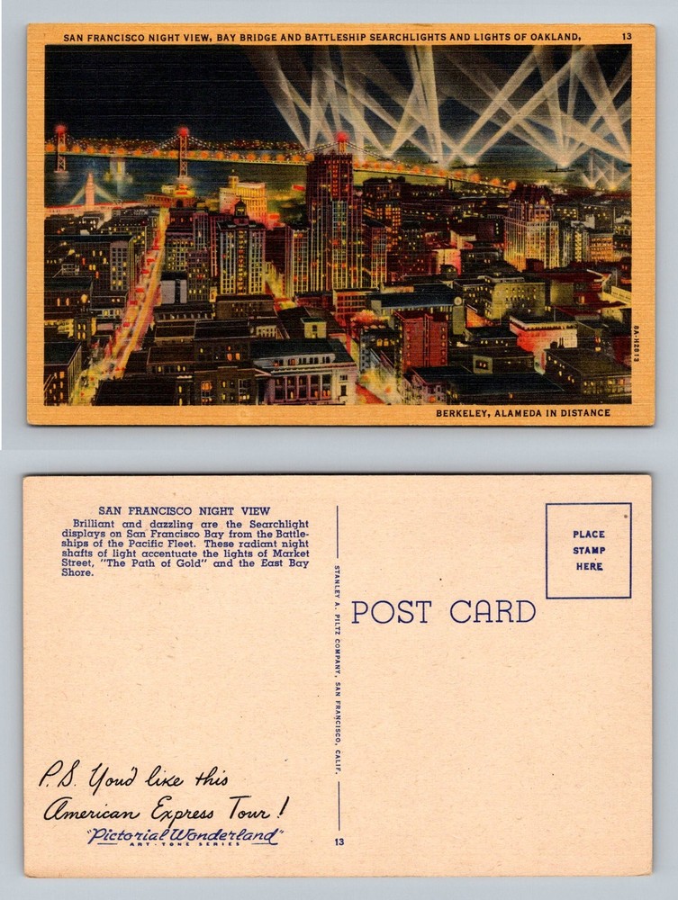 San Francisco, CA-California, Bay Bridge At Night Searchlights Vintage Postcard