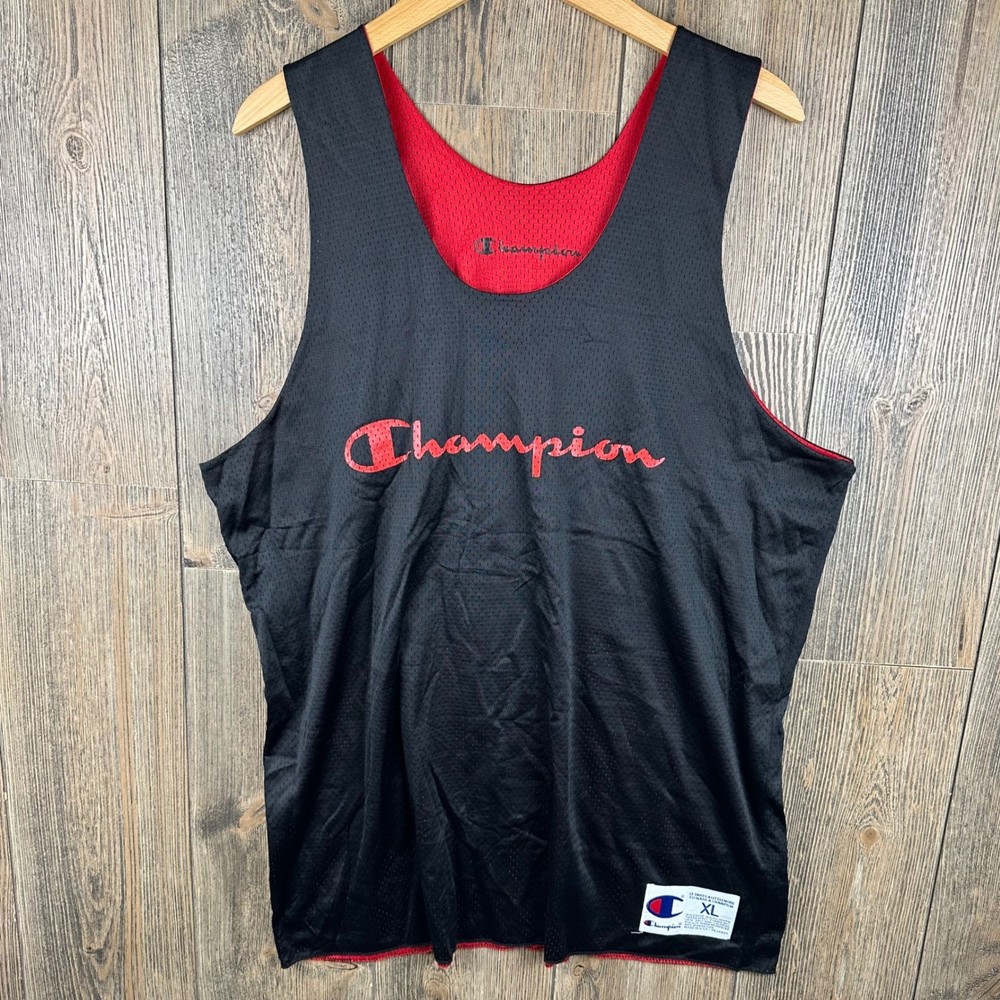 Champion Reversible Mesh Tank Top Mens XL Black Red Script Logo Jersey USA Made