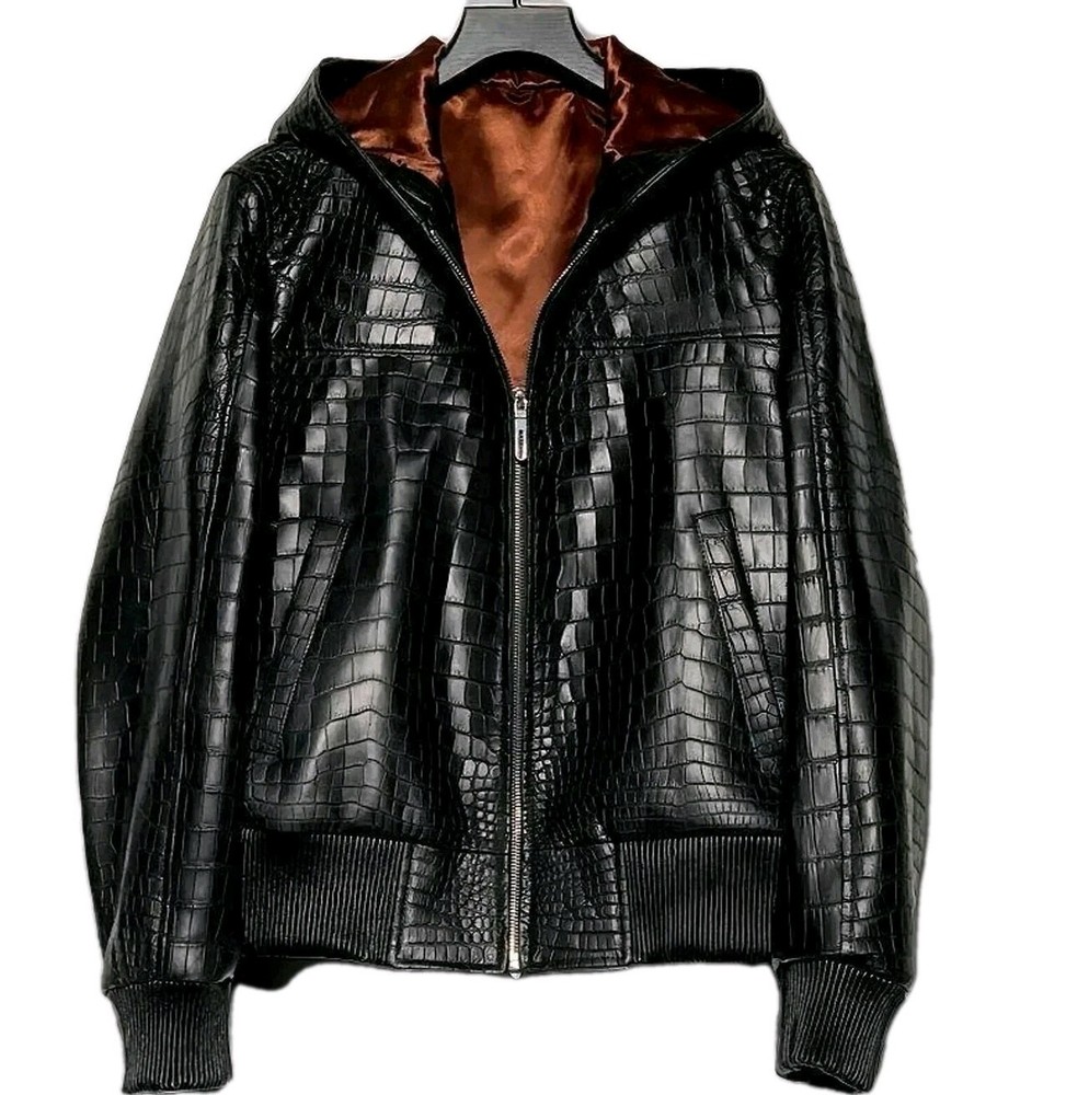 Men's Black Real Leather Crocodile Embossed Jacket Biker Alligator Print Jacket