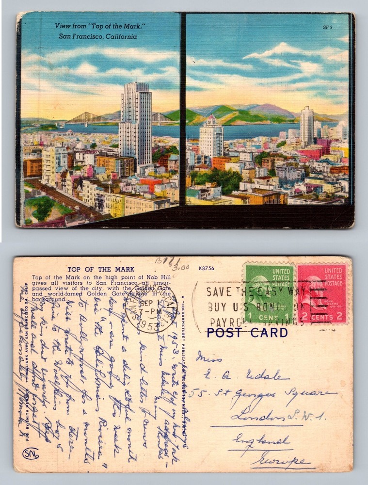 San Francisco, CA-California, Top of the Mark View c1953 Vintage Postcard