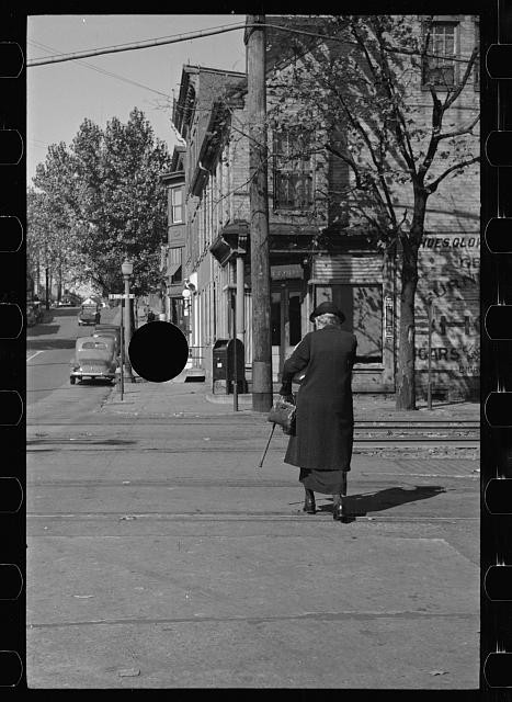 1930s Streetcar Tracks Pedestrian Downtown Street Scene Vintage Photo