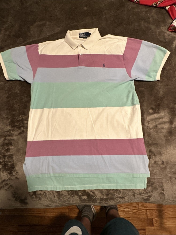 Vintage RALPH LAUREN Color Block Striped Polo Shirt 90s Pastel Large L Summer