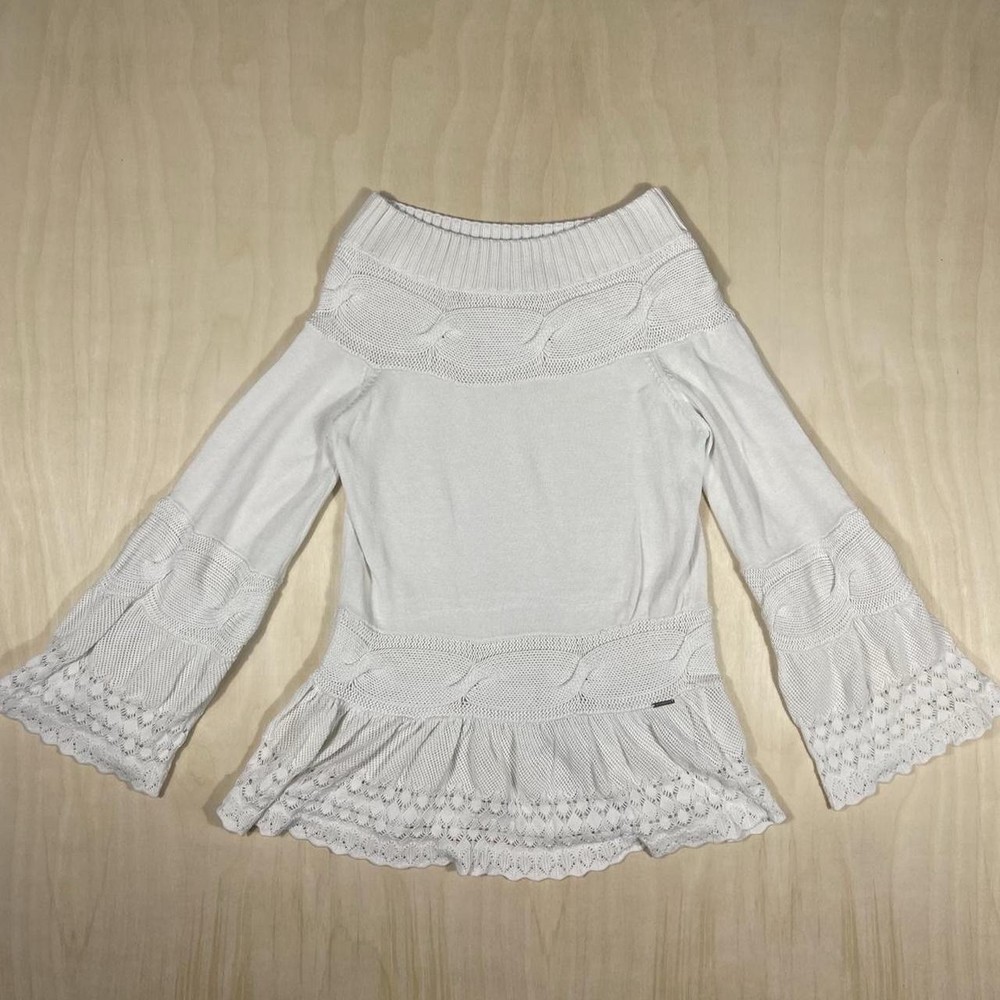 French vintage Superstar white knit off shoulder flare sleeves top