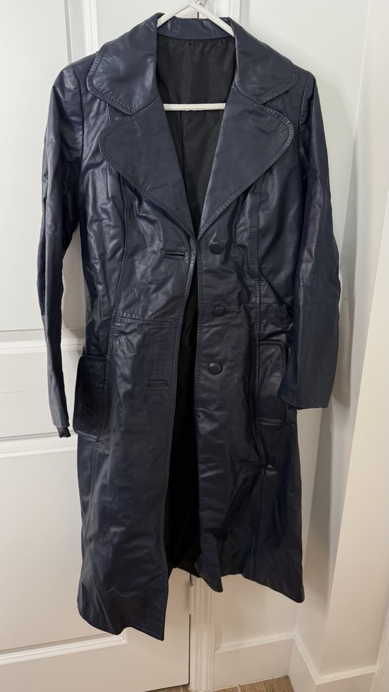 Vintage Women’s Long Leather Trench Coat Navy Blue Size M/L
