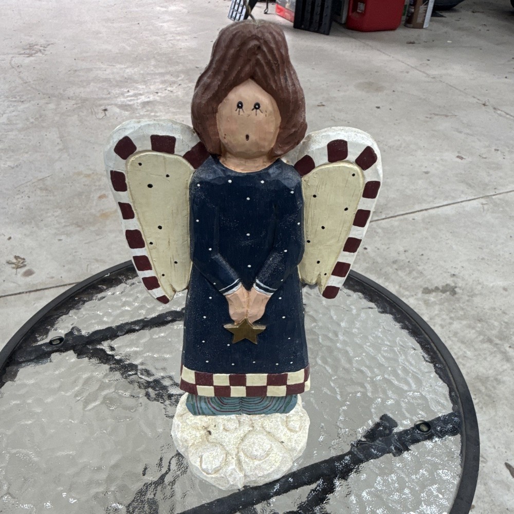 Berkley Design Country Angel Figurine Holding Star Resin Hand Painted Blue White
