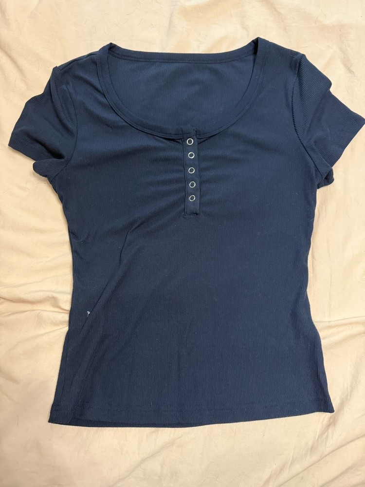 Women's Navy Blue Ribbed Scoop Neck Button Short Sleeve T-Shirt Regular