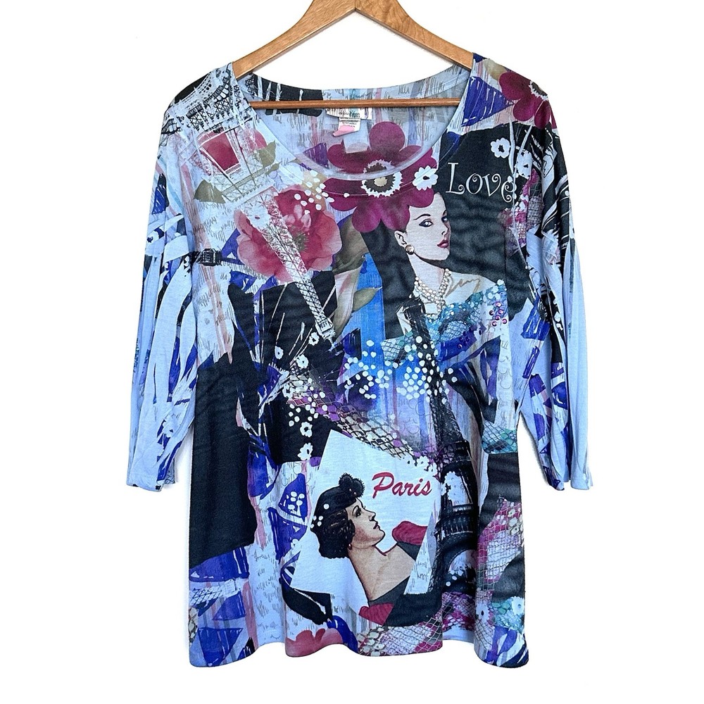 Dressbarn Plus Shirt Women’s 1X Blue Geometric Boho 3/4 Sleeve Lightweight Top