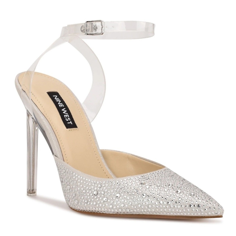 Nine West Rhinestone Ankle Strap Stiletto Heels Size 7.5 Sparkling Clear