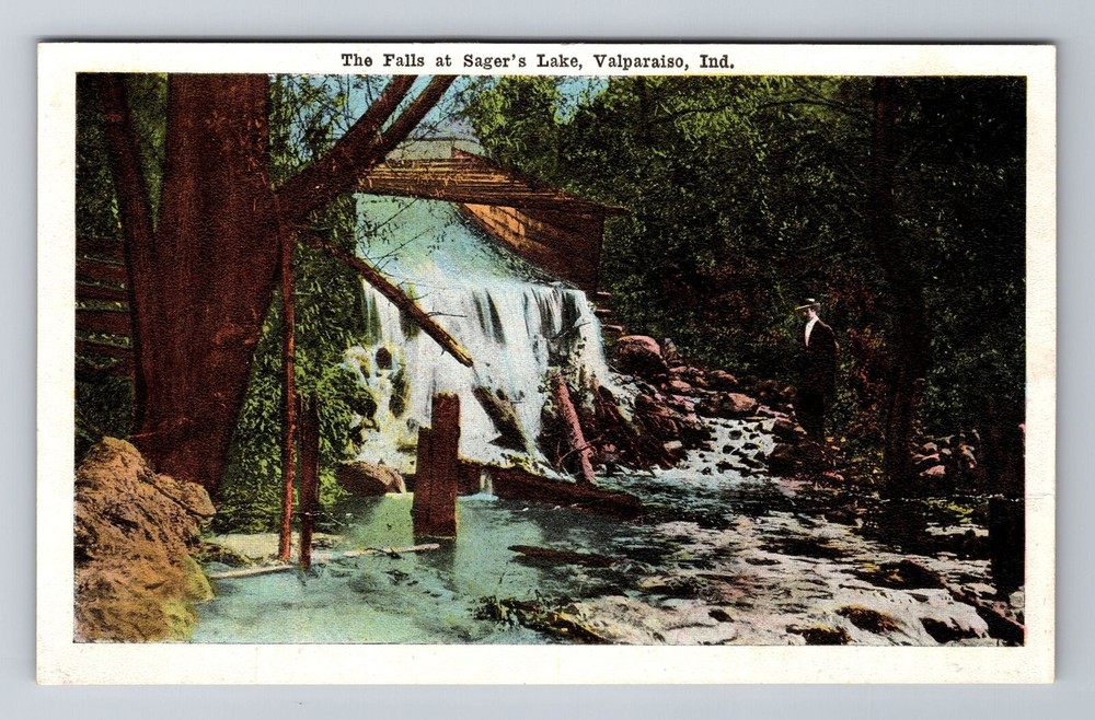Lake Valparaiso IN-Indiana, The Falls At Sager's Lake, Antique Vintage Postcard