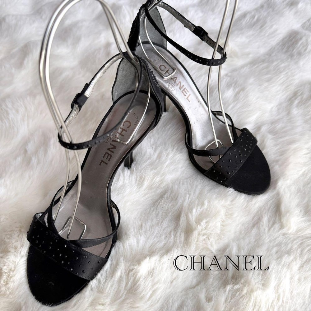 CHANEL Black Satin Camellia Stone Strap Sandals Women's Size 36.5 US 6.5