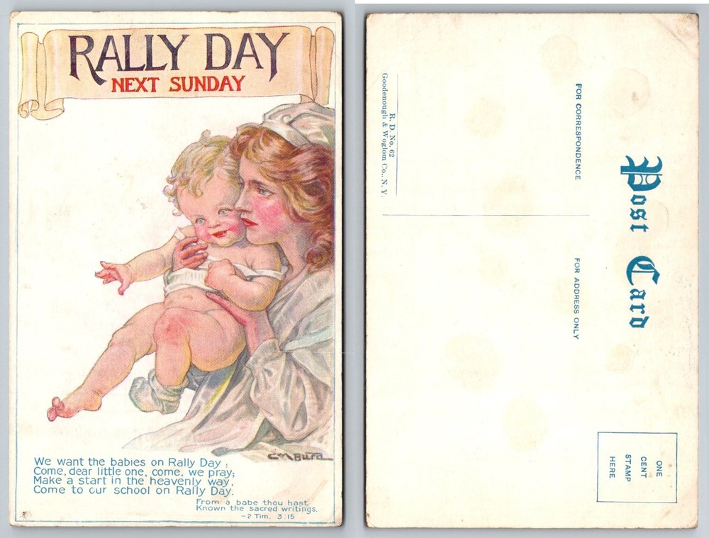 Vintage Rally Day Sunday School Postcard Mother Baby Bura Art Goodenough N.Y