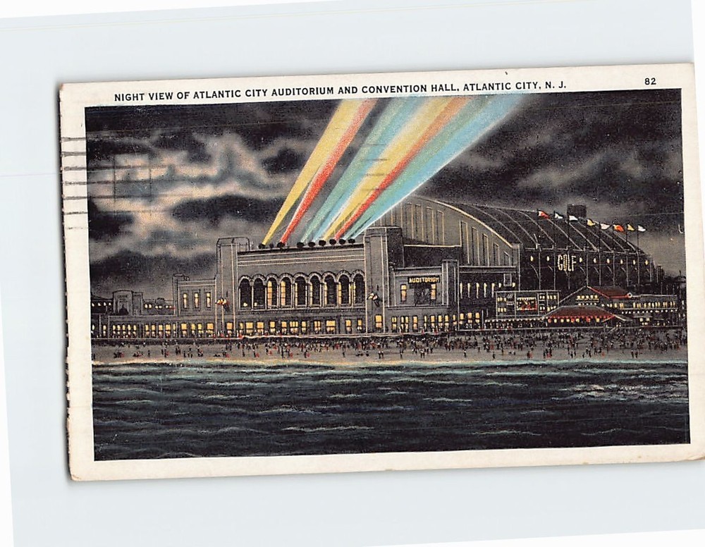 Postcard Night View of Atlantic City Auditorium and Convention Hall New Jersey