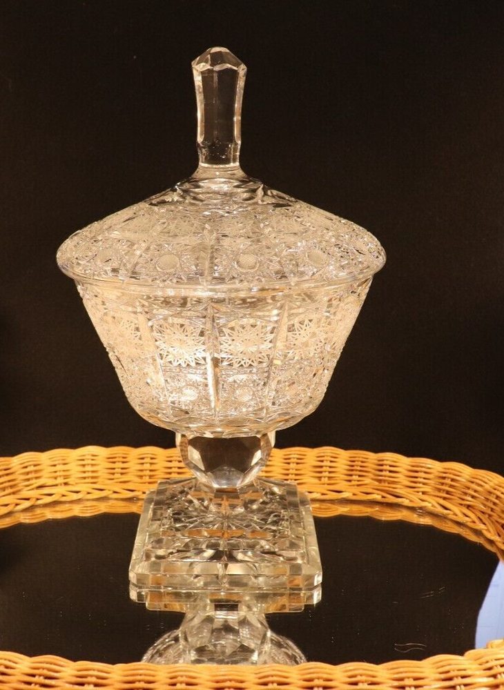 SCARCE BOHEMIAN QUEEN LACE ABP CUT GLASS COVERED COMPOTE FOOTED HEAVY WEIGH 7 LB