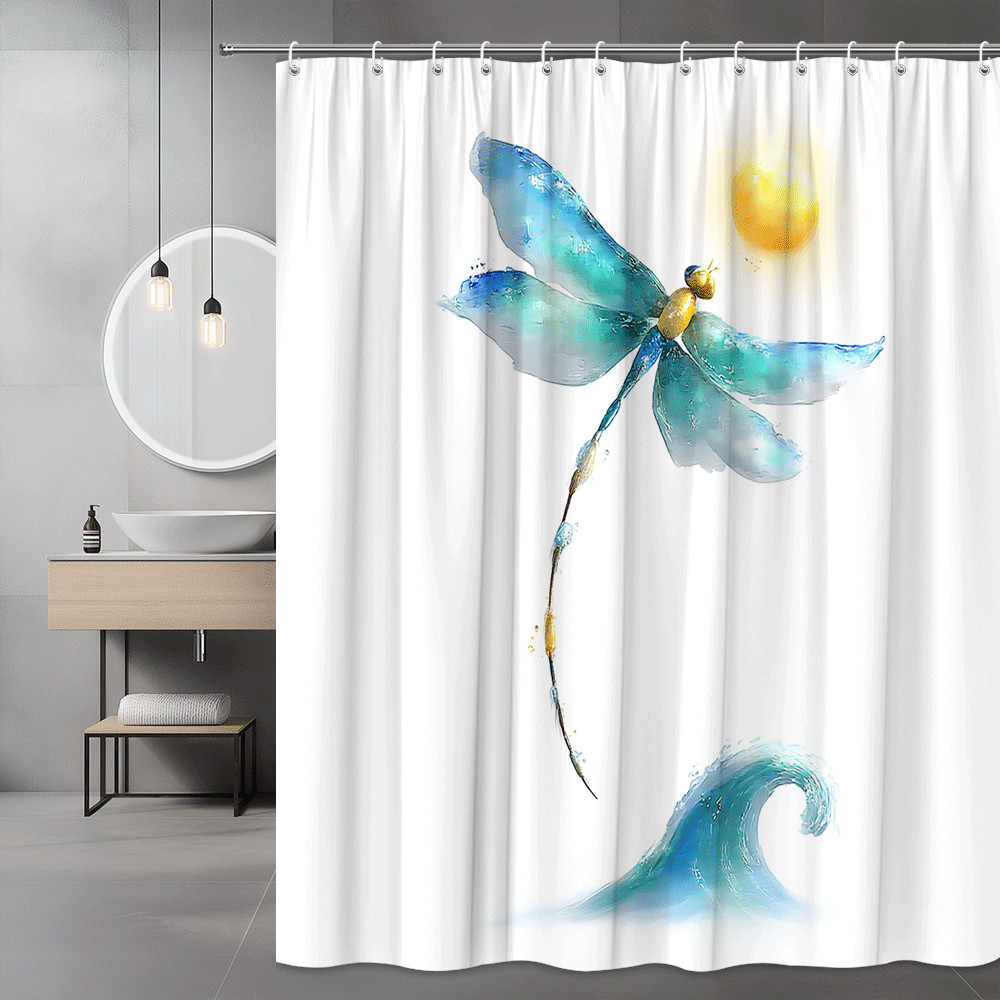 Dragonfly and Wave Shower Curtain Blue Watercolor Art