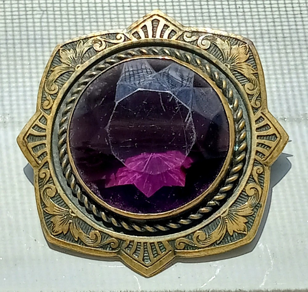 Victorian Etched Brass Brooch With Faceted Amethyst Glass Stone, C- Clasp
