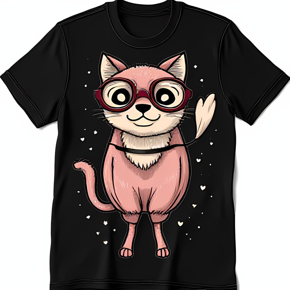 Adorable Pink Cat in Glasses Cartoon T-Shirt Cute Design on Black with Hearts