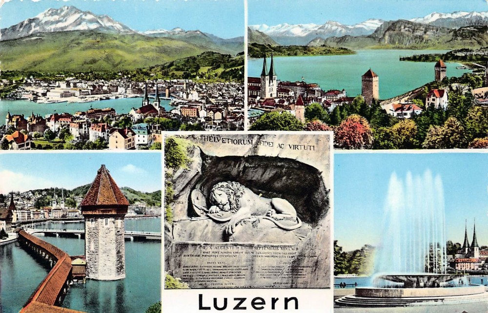 Lion Monument of Lucerne Switzerland Skyline Medieval Old Town Vtg Postcard B55