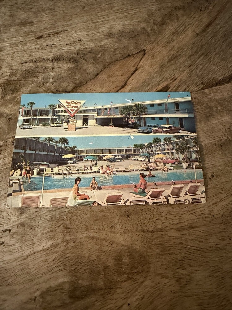 Holiday Shores Motel Daytona Beach FL Postcard Chrome Swimming Pool Cars Vintage
