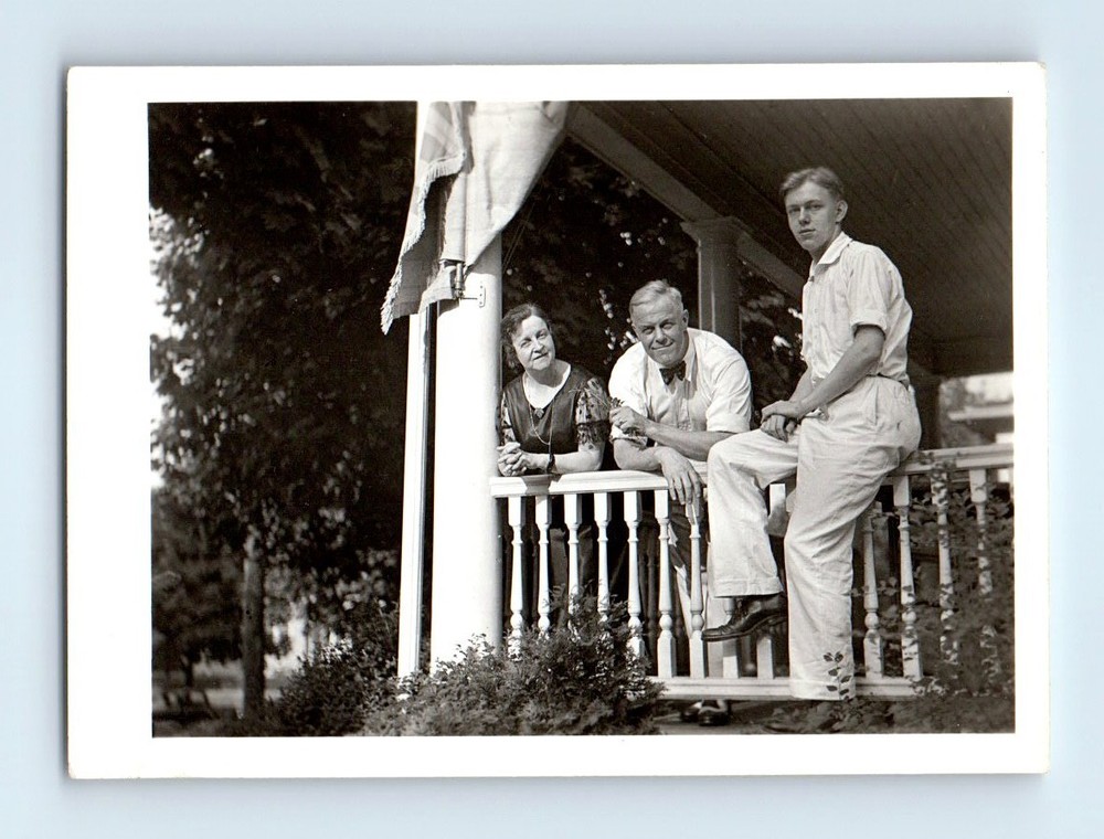 Old Vintage Photo TRIO MEN WOMAN ON FRONT PORCH OF HOUSE ORIGINAL SNAPSHOT