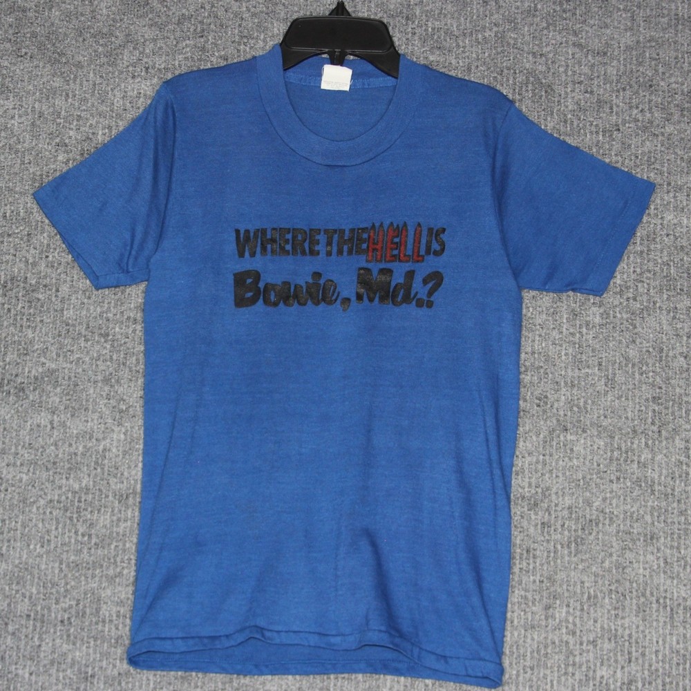 Vintage Where The Hell is Bowie MD T Shirt Mens Small 50/50 Blend Blue Rare