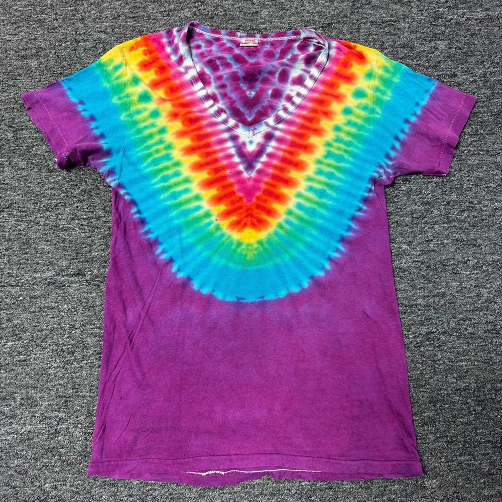 Vintage 80s HANES V Neck Blank T-Shirt S Single Stitch Tie Dye Multicolor