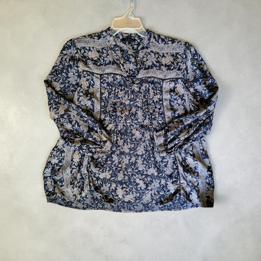 Lucky Brand Blue Floral Boho Peasant Blouse Round Neck 3/4 Sleeve Women's XL