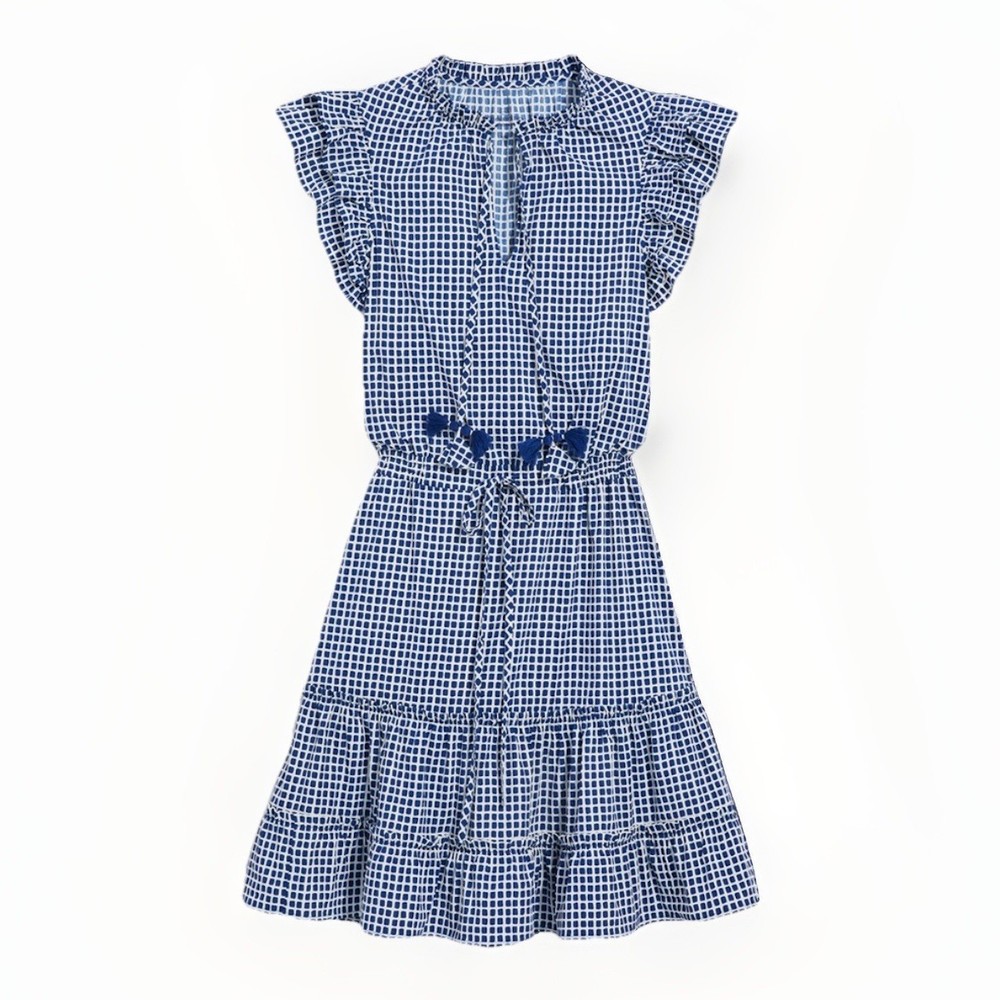 Vineyard Vines Harbor Grid Print Flutter Sleeve Dress in Vineyard Navy/White S