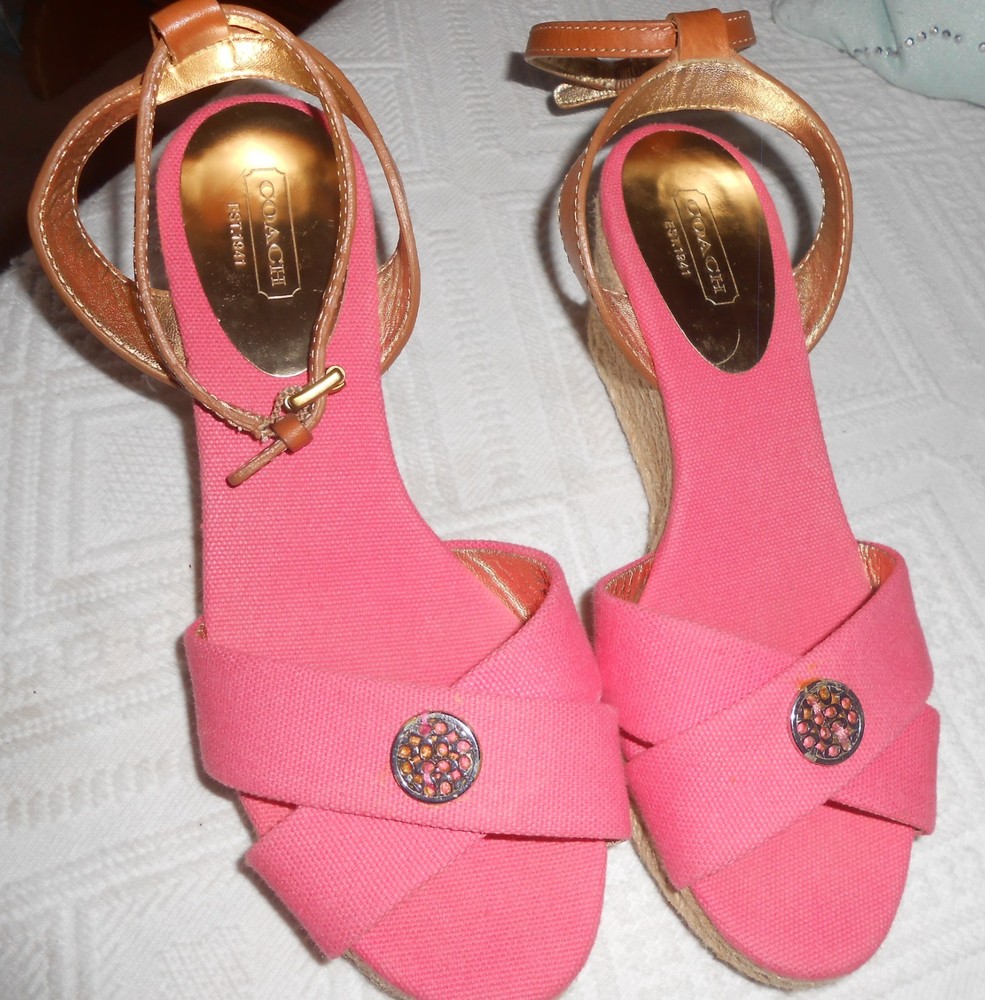 COACH Platform Slide Sandals Size 7.5B Pink Canvas Leather Women's Shoes