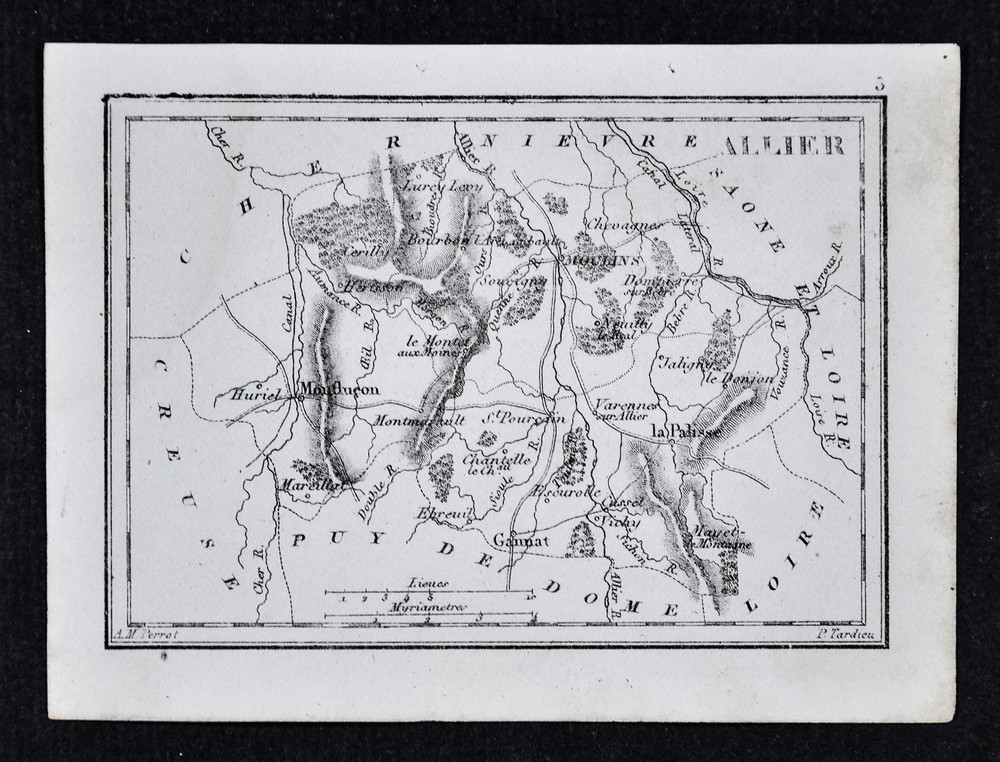 1833 Perrot Tardieu Map  Allier Province La Palisse Vichy Moulins Gamat - France