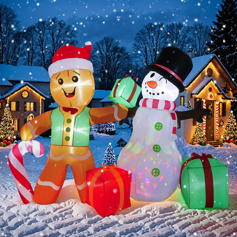 6 FT Christmas Inflatables Gingerbread Man Snowman Outdoor Yard Decorations, Inf