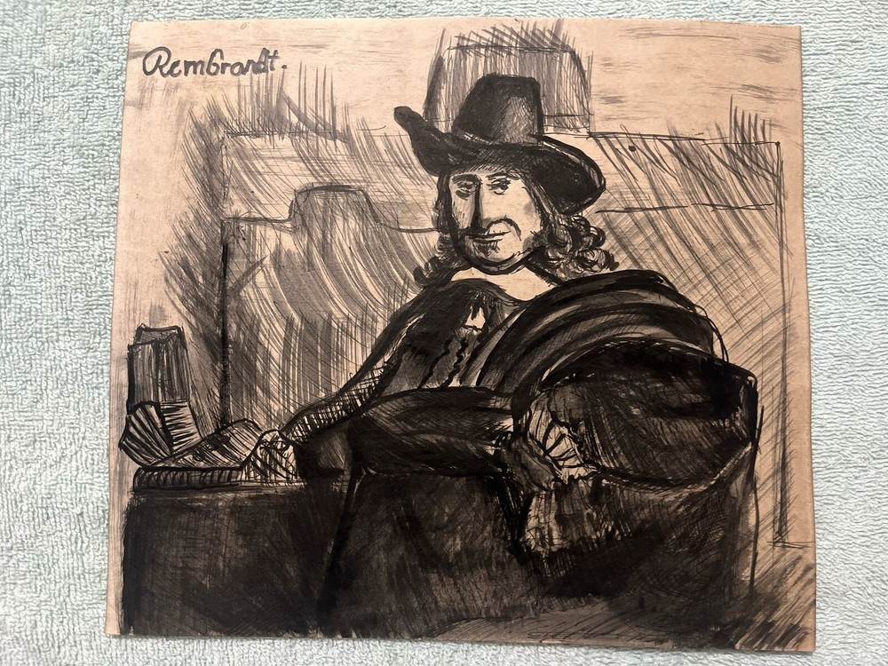 REMBRANDT drawing and painting on old paper signed stamped vintage