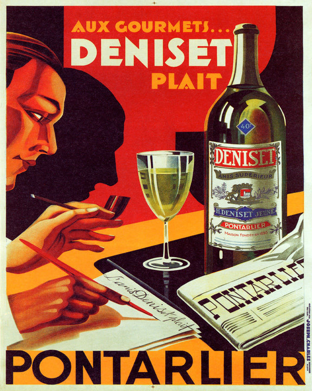 POSTER ANIS DENISET PONTARLIER DRINK MEN WRITING VINTAGE REPRO FREE S/H