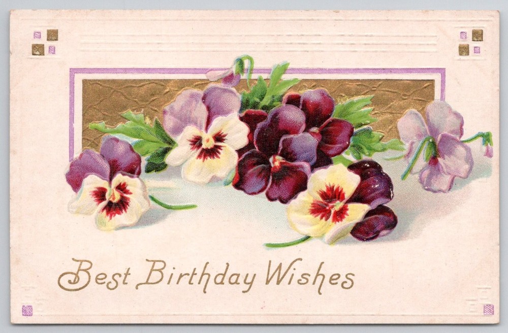 Vintage Embossed Pansies Postcard - Best Birthday Wishes Floral Art