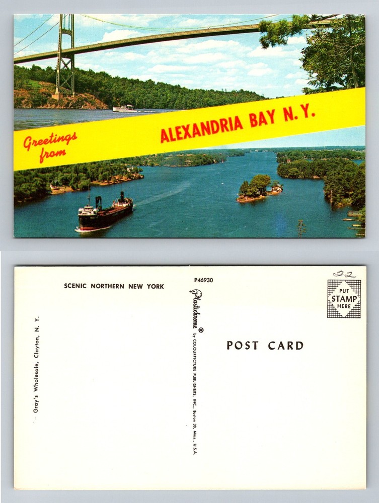 Alexandria Bay, NY-New York Thousand Islands Bridge River Scene Vintage Postcard