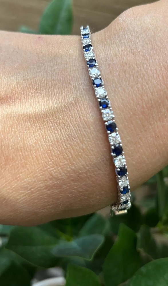 12.00 Ct Round Natural Sapphire Diamond Tennis Bracelet 14K White Gold 7.5 Inch
