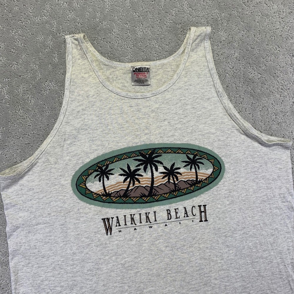 Vintage Waikiki Beach Hawaii Tank Top Mens XL Gray Oneita Aloha Tree Surf USA