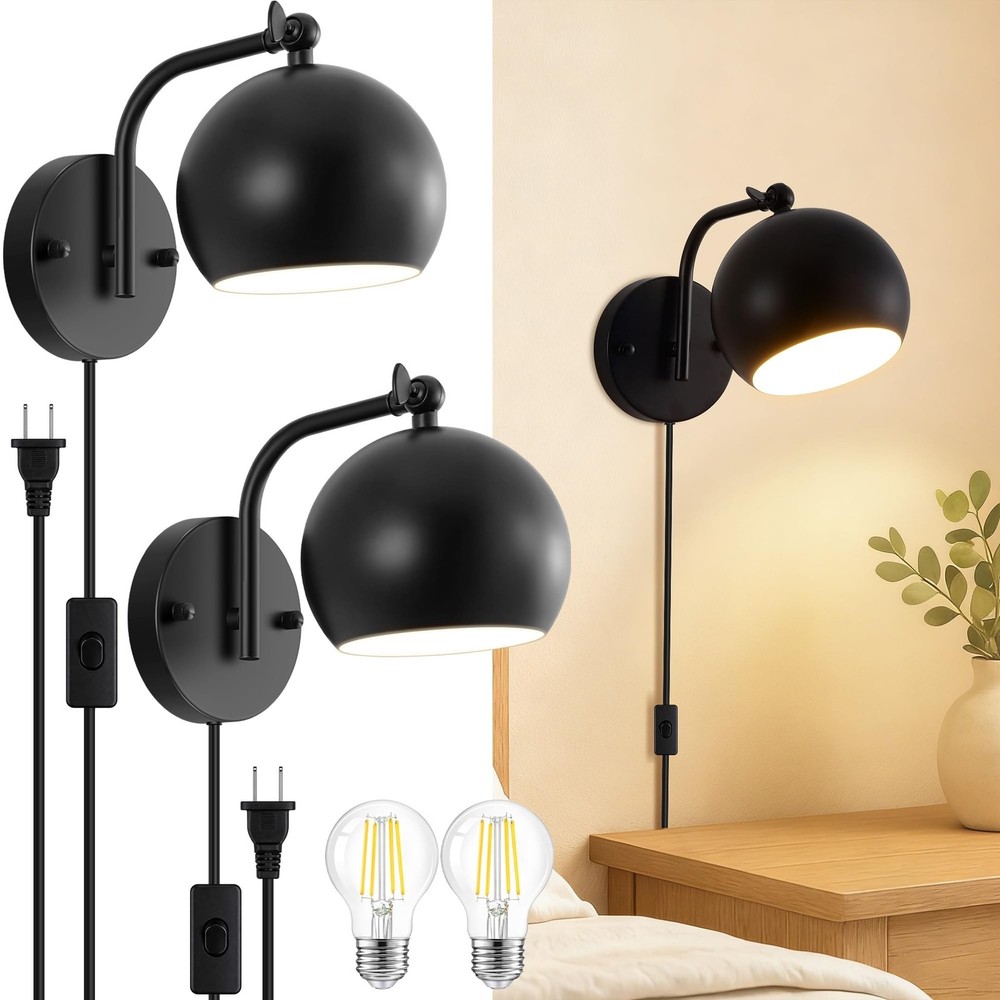 Plug in Wall Sconces Set of 2, Adjustable Angle Black Wall Lights with Plug i...