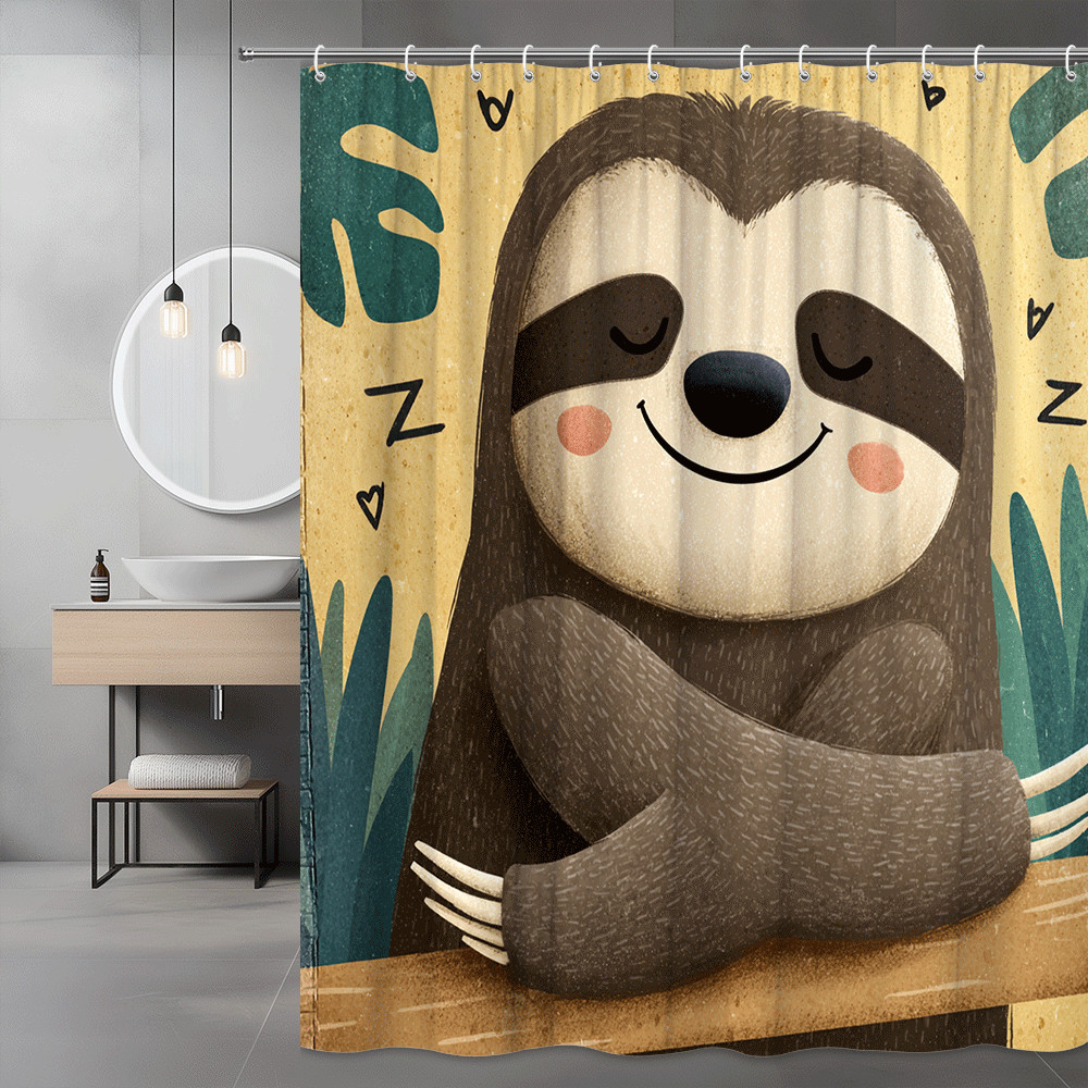 Cute Sloth Shower Curtain, Cartoon Animal Print, Jungle Decor
