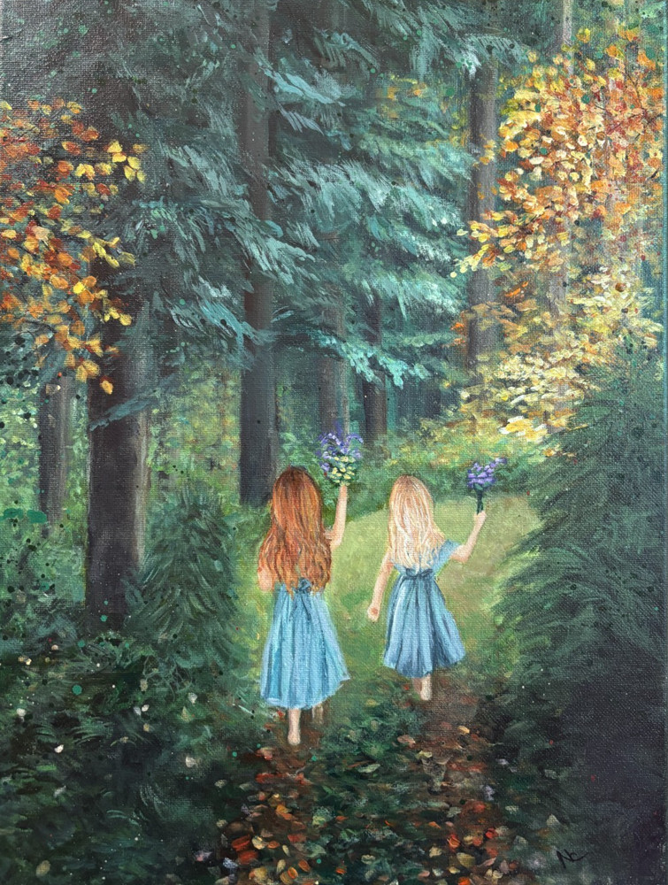 Original Acrylic Painting, Abstract Forest Landscape Sisters, 12x16inch Canvas-image