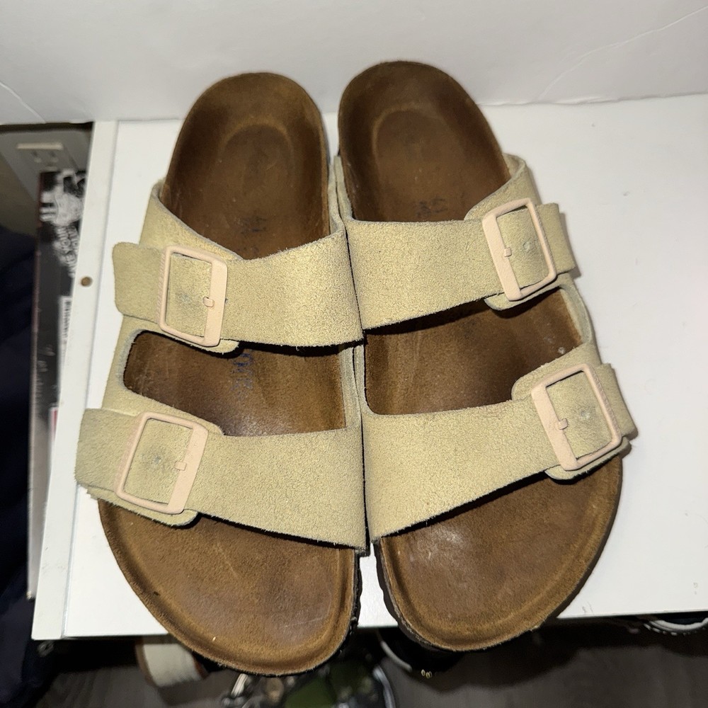 Birkenstock Arizona Suede Leather Taupe Two Straps Beige Sandals Size 41