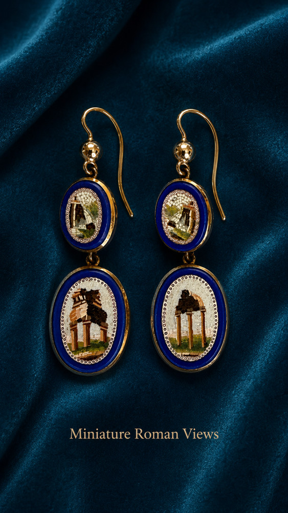 Antique Italian early 1800 Gold & Micromosaic Earrings Roman Ruins Blue Cobalt.